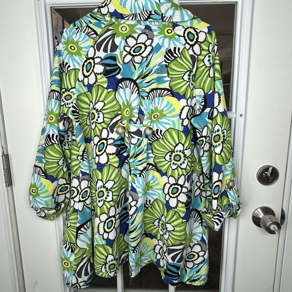 For Cynthia Linen Blend Floral Print Button Down Top Roll Tab Cuff Tunic Size L‎